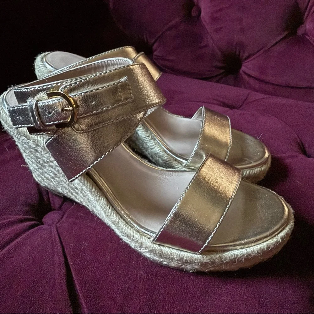 Stuart Weitzman - Lexia Espadrille Wedge Sandal - Metallic Gold Leather - Size 6 - Picture 2 of 9